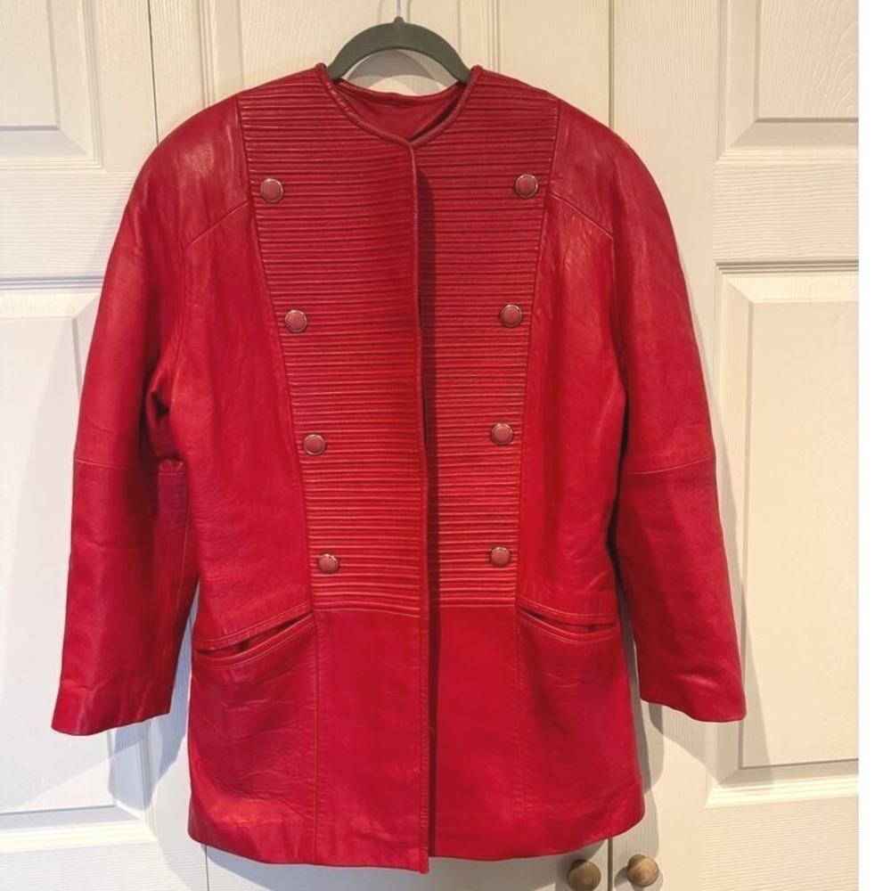 Vintage 80s Red Leather Womens Med Pockets Unique Structured Button Jacket